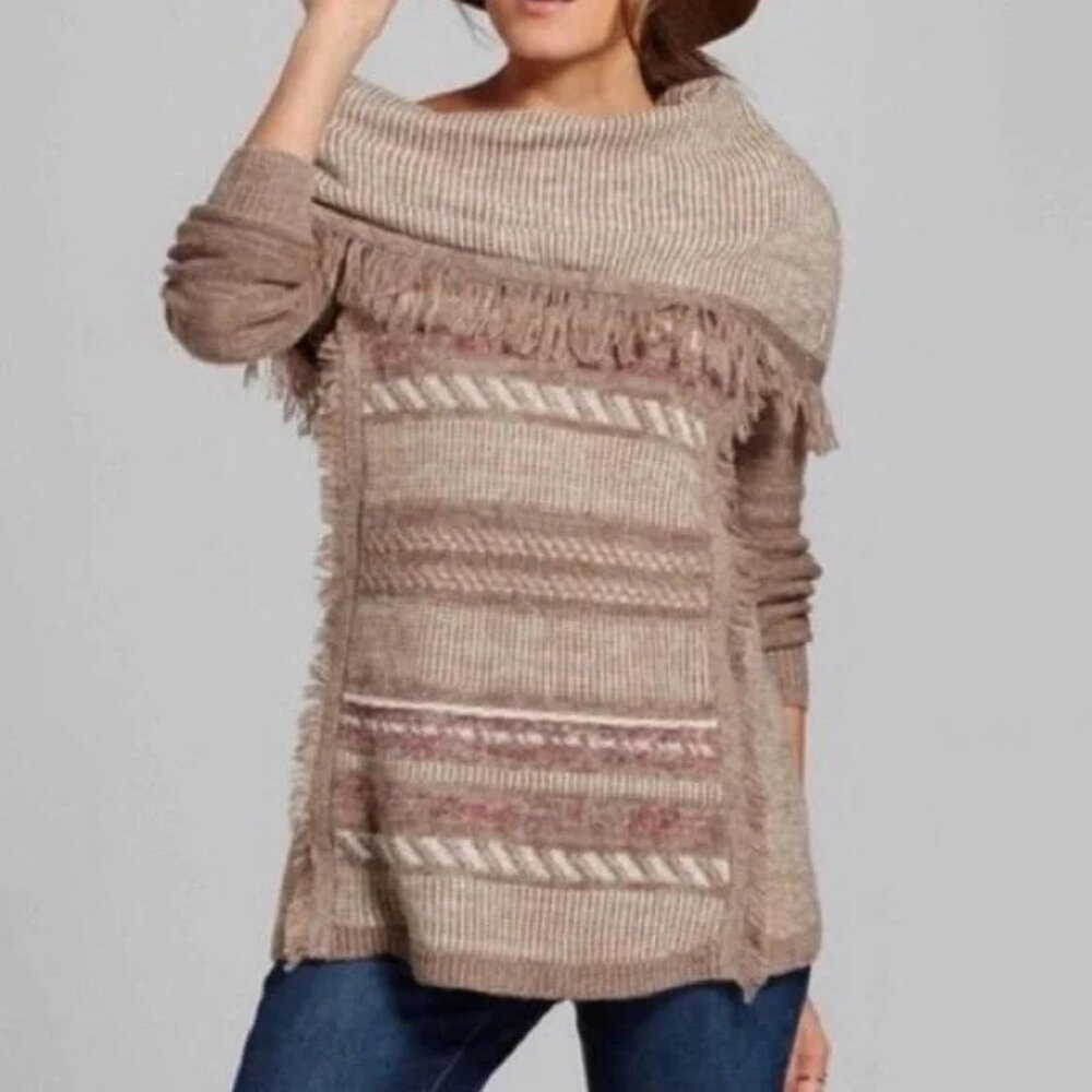 Knox Rose XS Brown Cowl Neck Fringe Sweater